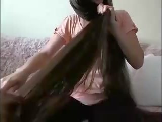 Sexy long haired brunette hairplay hair brush udan hair