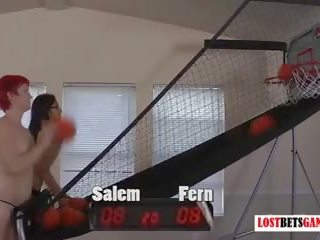 Two perky girls Salem and Fern play strip basketball shootout