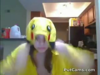 Pretty mademoiselle In Pikachu Costume Masturbates With Vibrator