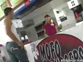 Charming fast food worker gets down on her knees to blow two juveniles