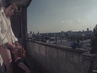 Petite damsel gets bent over on the patio and fucked hard