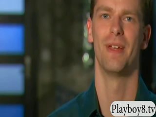 Swingers in nurse uniform give blowjob in Playboy mansion