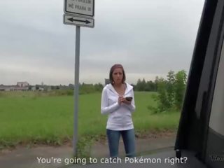 Grand fabulous pokemon hunter busty babe convinced to fuck stranger in driving van