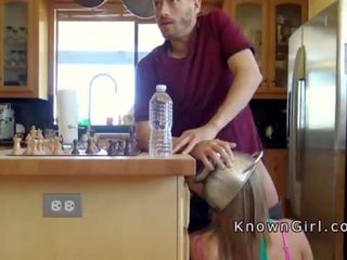 Blonde cheater sucking penis in the kitchen