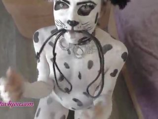 Pretty young lady In Dalmatian Costume Playfully Rides Cavalier's Big phallus